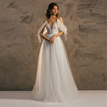Princesė Tiulio Nėrinių Aplikacijos Vestuvių Suknelė Gilia V-Kaklo, Spagečiai Dirželiai Vestido De Noiva Iliuzija Backless A-Line Bridal Suknelės