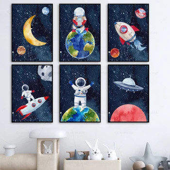 Kosmoso Astronautas Raketų Planetos vaikų Darželio Sienos Meno Tapybos Drobės Šiaurės Plakatai ir Spausdina Sienos Nuotraukas Kūdikių Vaikai Kambario Dekoro