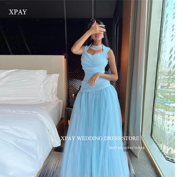 XPAY Elegantiška Šviesiai Mėlyna Prom Dresses Saudo arabų Moterų Tiulio Grindų Ilgis Vakare Chalatai Oficialų Šalis Suknelė Vestuvių Svečių