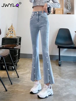 Korėjos Prašmatnus Ritininės Perlų Mygtukai Kutas Flare Džinsai Moterų Mados Slim Stretch Kulkšnies ilgis Streetwear Moterų Kelnes Naujos Moterų Kelnės
