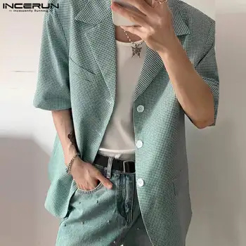 Korėjos Stiliaus Naujas Vyrų Mados Pledas Dizaino Kostiumas, Paltai Atsitiktinis Streetwear Vyrų Atvartas Trumpas Rankovėmis Blazer S-5XL INCERUN Viršūnes 2024