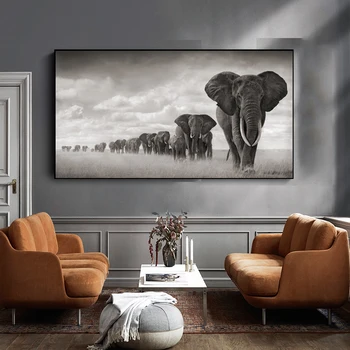 Juodi ir balti drambliai Afrikos gyvūnų, drobė, tapyba plakatai Skandinavijos plakato spausdinimas sėdi kambario sienos meno vaizdų