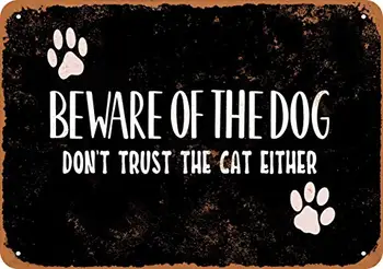 Metalo Ženklas - Saugokitės Šuo nepasitiki Katė Arba (Juodas Fonas) - Derliaus Išvaizdą
