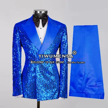 Royal Blue Velvet Blizgančiais Kostiumas Vyrams Dvigubo Breasted Kailis Ziajać Dizainas Naujausią Jaunikis Vestuvių Smokingas Vyrų Mados Blizgančių Švarkas 2023