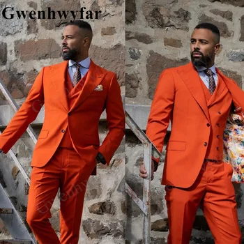 Gwenhwyfar Šviesiai Oranžinė Pilka vyriški Kostiumai, Pritaikytą 3 Vnt Švarkas Liemenę, Kelnes Didelis Pasiekė Atvartas Vieną Krūtinėmis Vestuvių Slim Custome