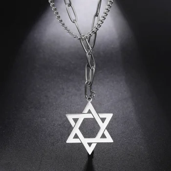 Amuletas Žvaigždė Davidas Pakabukas Karoliai Izraelio Dvigubas Grandinės Karoliai Vyrai Moterys Judaica Antikvariniai Sidabro Spalvos Žydų Papuošalai