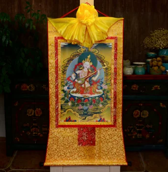Tibetas Tibeto Buda Spausdinti Šilko Gild Thangka Thanka Sarasvati Kwan-yin 35cm