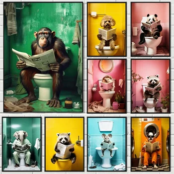 Šimpanzė Dramblys Panda Gyvūnų Plakatų Spausdinimo Juokinga Meno Sienos Nuotrauka Drobė, Tapyba Vonios Tualeto Patalpoje Namų Dekoro Dovana