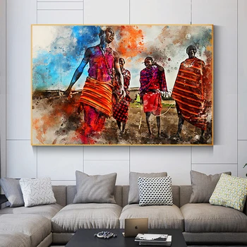 Akvarelė Afrikos Meno Maasai Genties Šokių Drobės Tapybos Plakatai ir Spausdina Abstrakčiai Sienos Menas Nuotraukas Kambarį Dekoro